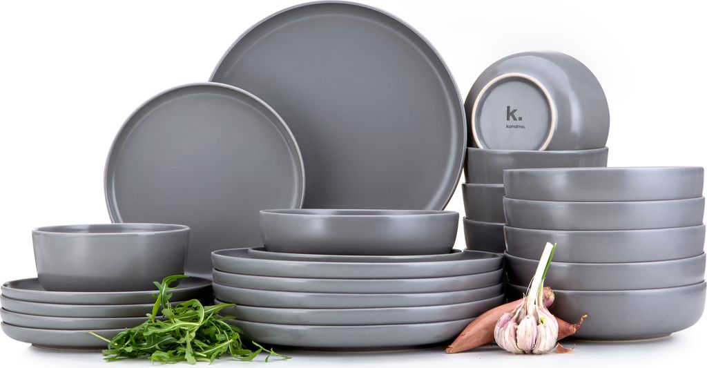 Konsimo Kombiservice VICTO Schale Dessertteller Speiseteller Suppenteller 6 Personen (24 El.), Grau, Keramik, Loft, 20 cm | 27 cm | 18,5 cm | 14,5 cm