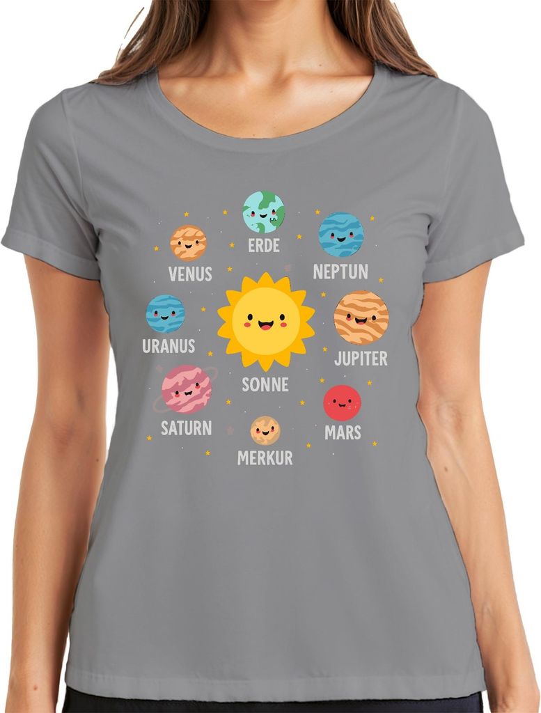 Sonnensystem Planeten Kinder Niedlich Lernen Kinderzimmer Spaß Damen T-Shirt, Grau, XL