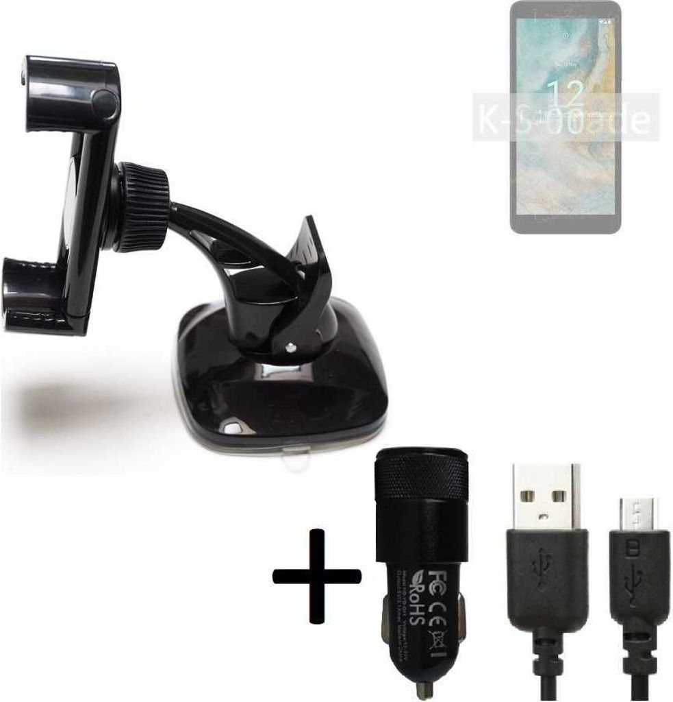 K-S-Trade Halterung kompatibel mit Nokia C02 Windschutzscheibe / Armaturenbrett + LADEGERÄT mit Mico USB Kabel Autohalterung KFZ Halter