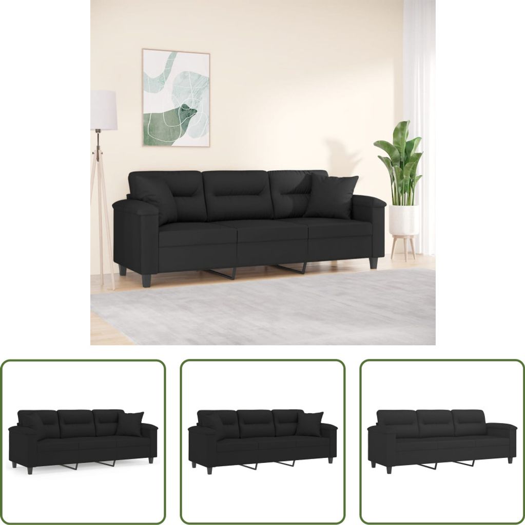 The Living Store 3-Sitzer-Sofa mit Kissen Schwarz 180 cm Mikrofasergewebe