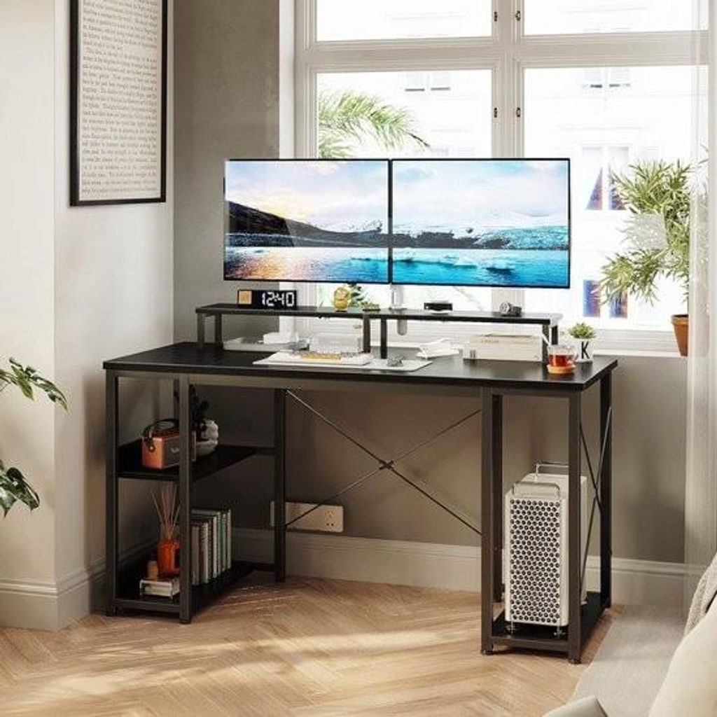 Gaming Schreibtisch Schwarz, Schreibtische mit Ablage, wendbar, Computertisch mit Monitorständer, 120 x 50 x 86,5 cm, PC-Tisch für Büro, Wohnzimmer