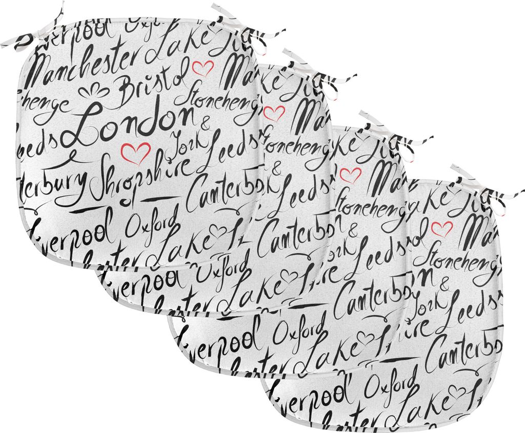 ABAKUHAUS England Polster für Esszimmerstühle, Hand Schriftzug Städte, Dekoratives wasserfestes Kissen mit Riemen für Küchensitze, 40 cm x 40 ...