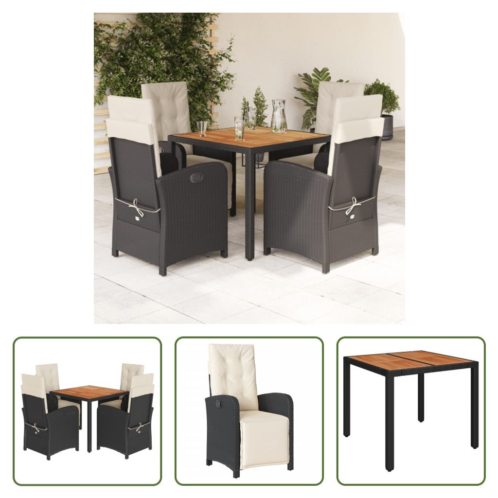The Living Store 5-tlg. Garten-Essgruppe mit Kissen Schwarz Poly Rattan