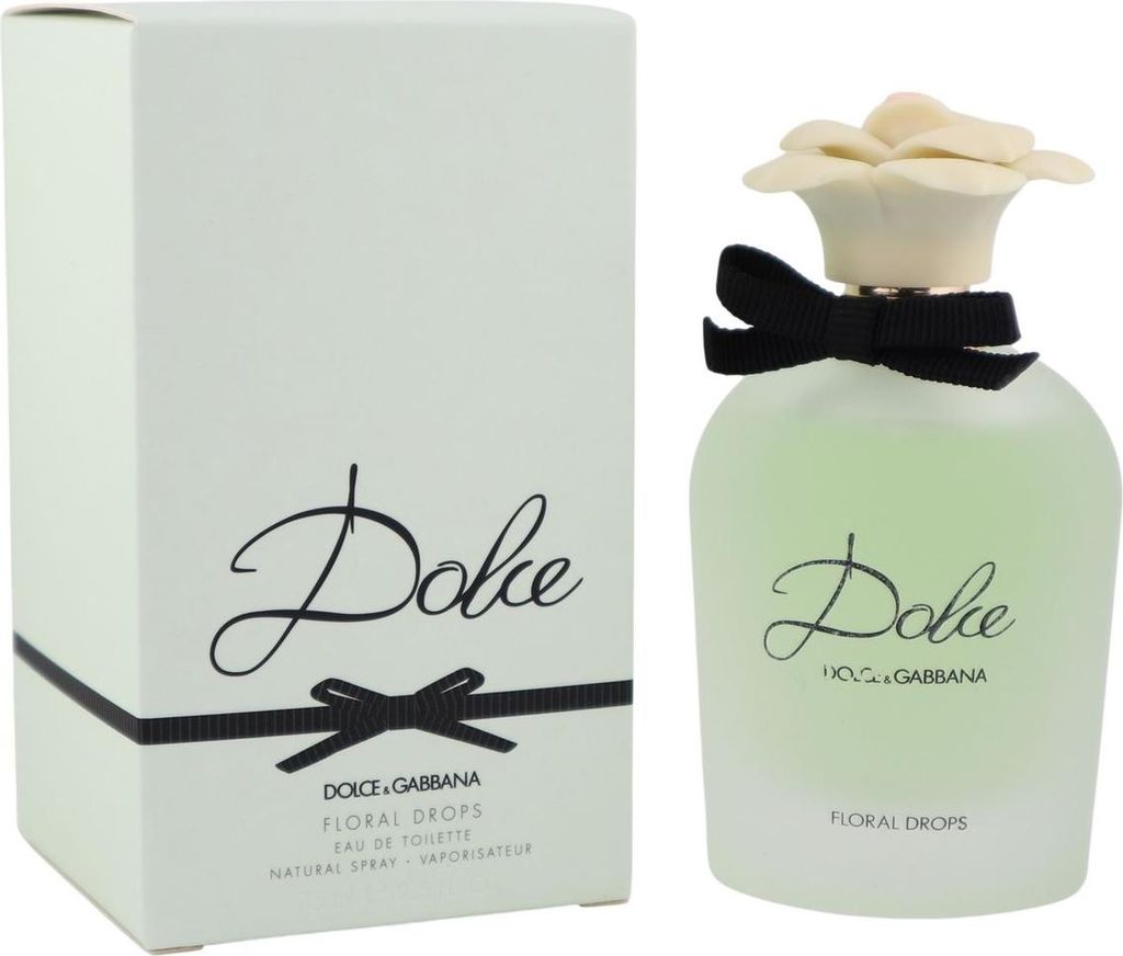 Dolce Floral Drops Flakon in satiniertem Grün mit Blütendeckel neben pastellgrüner Verpackung mit schwarzer Schleifengrafik.