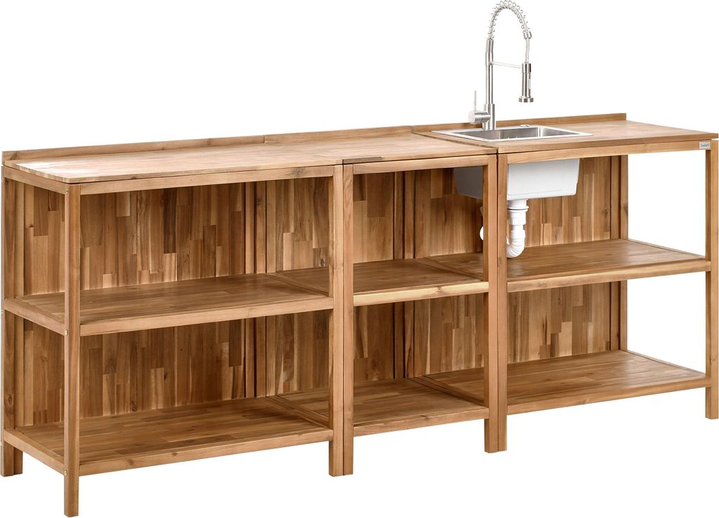 BELIANI Outdoor-Kücheninsel Braun u. Silber Akazienholz 3er Set mit Spüle und Armatur Modern für Garten Draußen Outdoor-Küchenmöbel Gartenküche