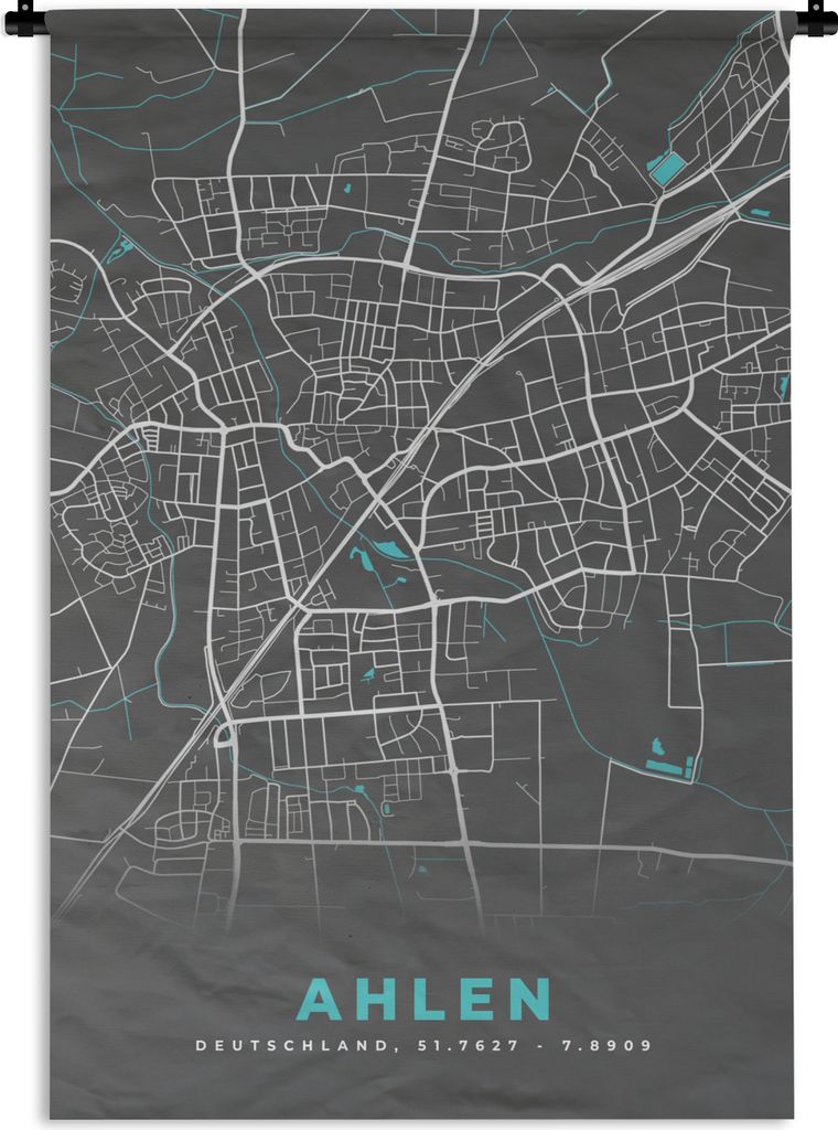 MuchoWow Wandteppich Wandbehang Blau - Deutschland - Karte - Stadtplan - Ahlen 90x135 cm Tapisserie Dekoration Wandtuch - Baumwolle - Wandskulptur
