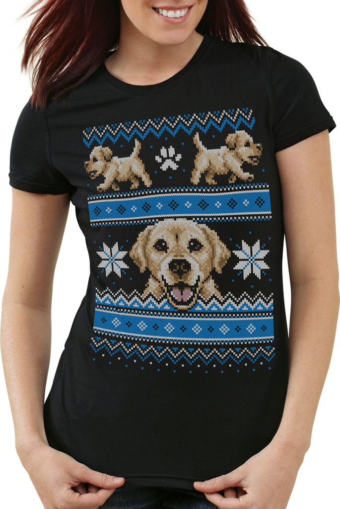 style3 Hundewelpe Ugly Sweater Damen T-Shirt golden retriever x-mas pulli weihnachtsbaum, Größe:S