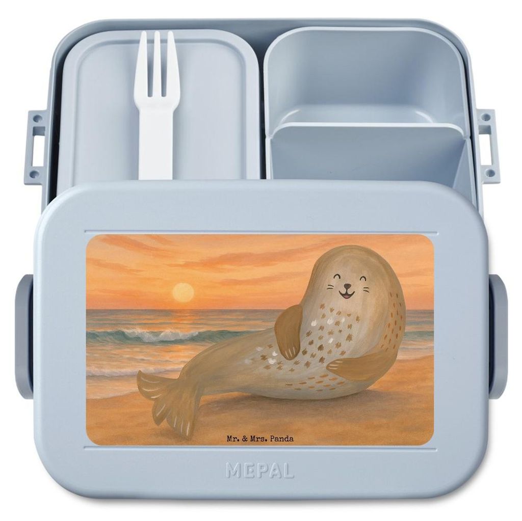Mr. & Mrs. Panda Bento Box Robbe Lachen Design - Blau Pastell - Geschenk, Frischhaltedose, Lunchbox, Bentobox, Snackbox, Nordsee, Meerestier, Stran...