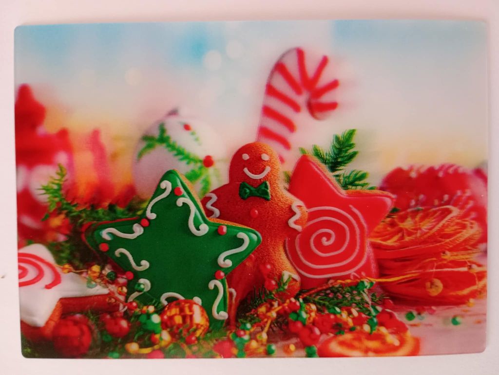 3 D Ansichtskarte bunter Lebkuchen, Postkarte Wackelkarte Hologrammkarte, Weihnachten