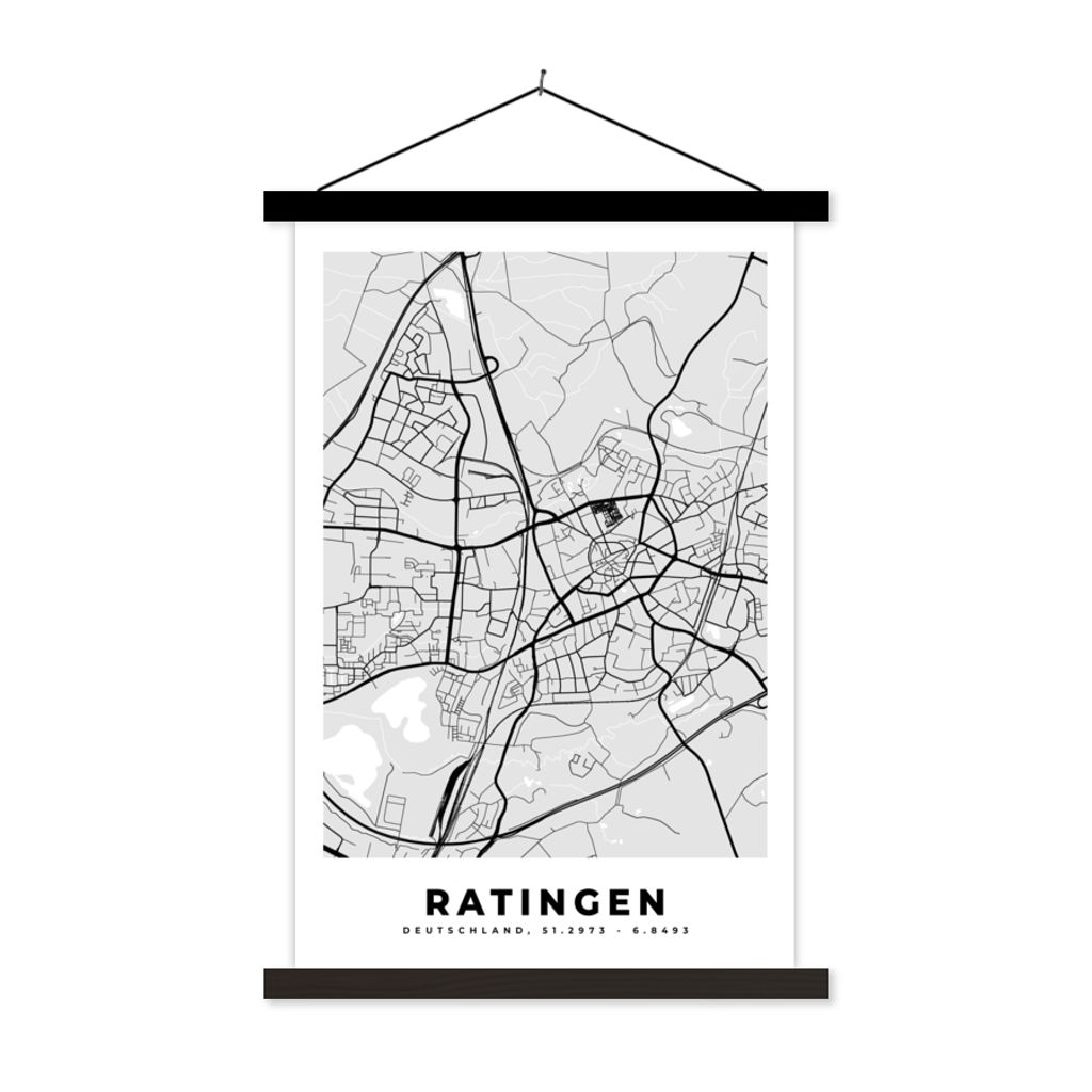 MuchoWow Textilposter Ratingen - Karte - Stadtplan - Deutschland - Karte 60x90 cm mit schwarzem Rahmen - Poster Wohnzimmer