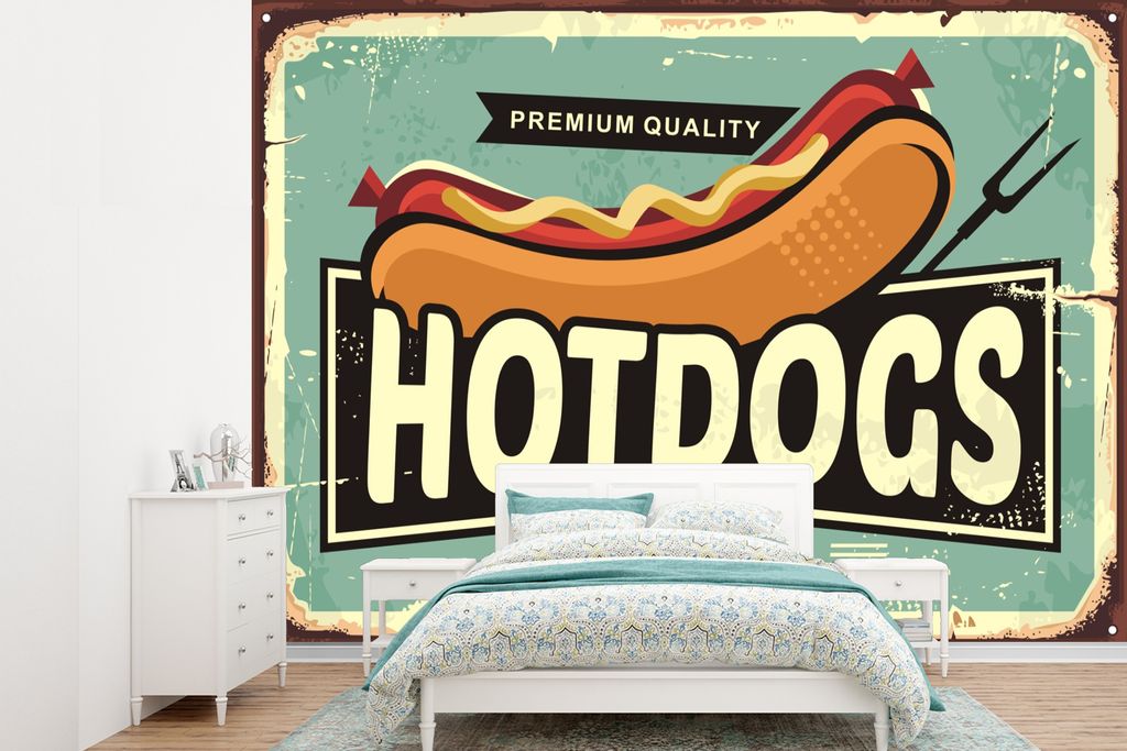 MuchoWow Fototapete für Wohnzimmer oder Schlafzimmer Wandtapete Vinyl Motivtapete Hotdog - Jahrgang - Illustration - 415x300 cm - Küche