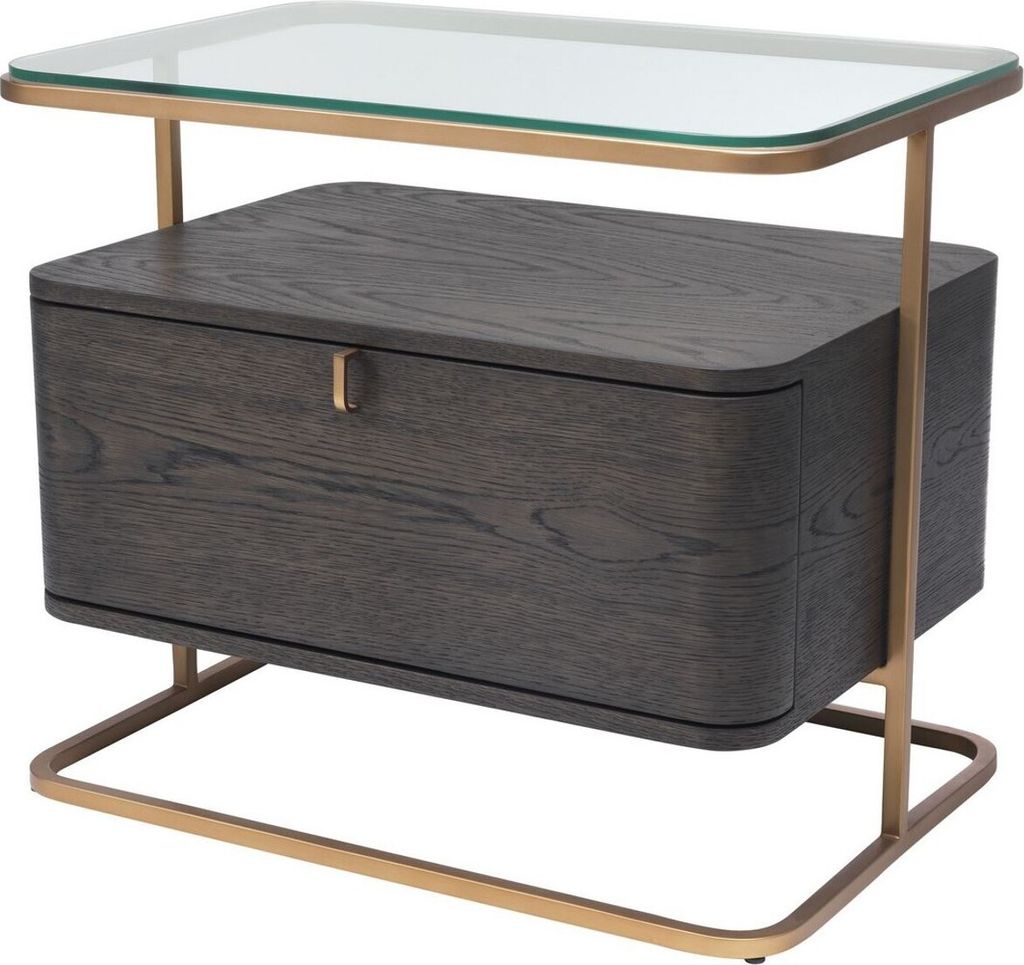Casa Padrino Luxus Beistelltisch Mokka / Messing 65 x 46 x H. 57 cm - Edler Nachttisch mit Glasplatte und Schublade - Luxus Möbel