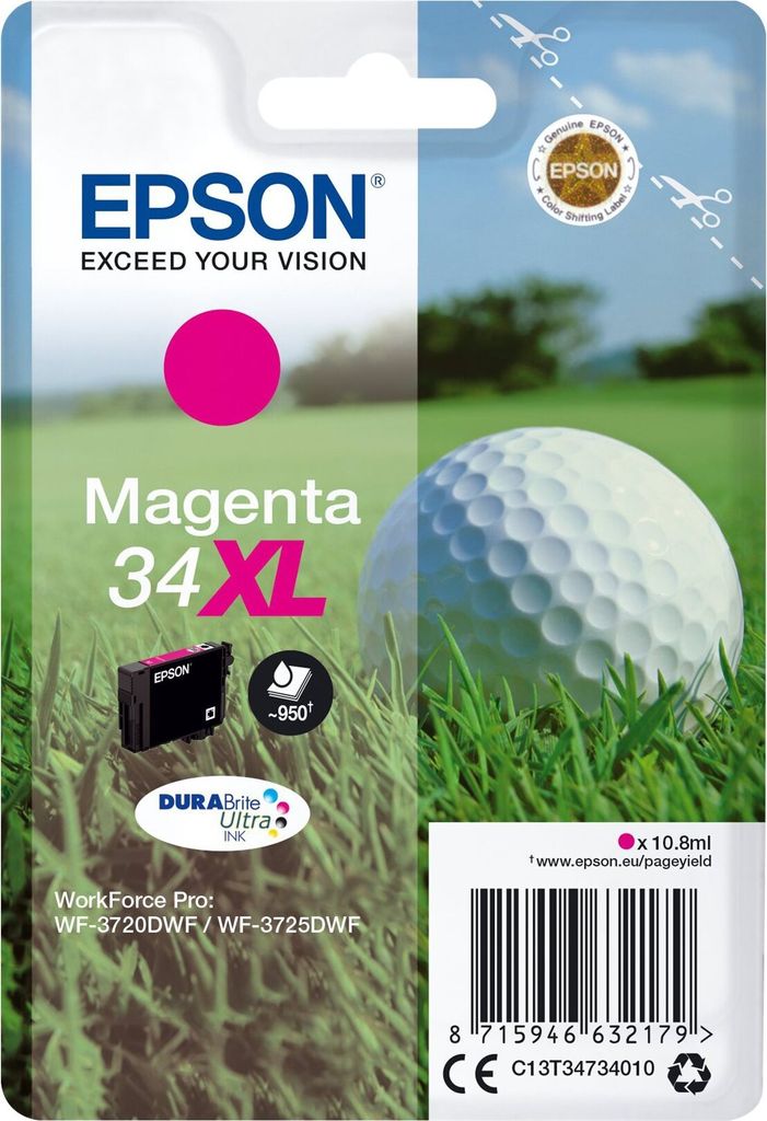 Epson Golf ball 34XL Golfball DURABrite Ultra Single Magenta Tinte, Hohe (XL-) Ausbeute, Magenta, Tinte auf Pigmentbasis, 10,8 ml, 1 Stück(e), 950...
