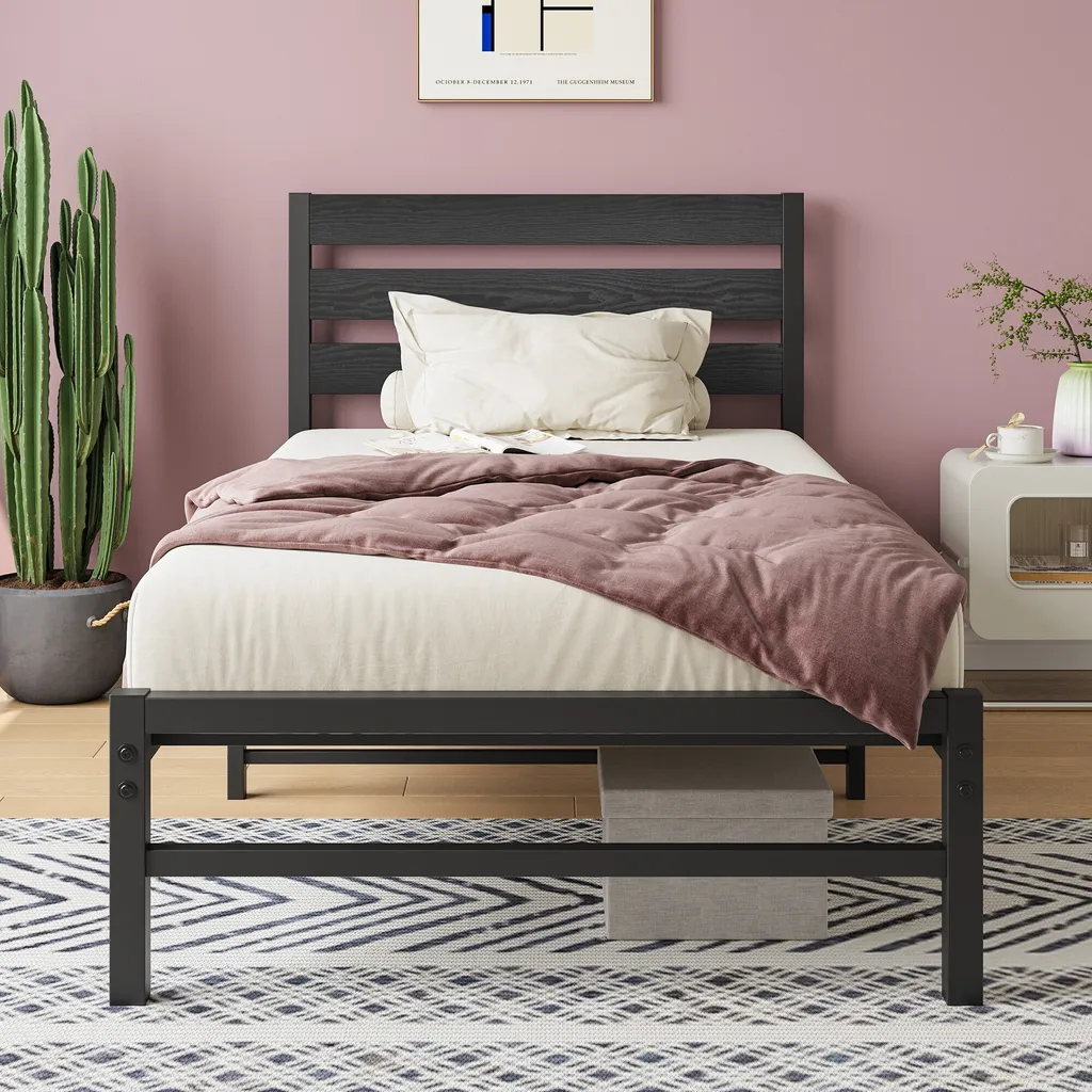 Lit simple 90x200 en acier noir avec sommier pour chambre d'enfant
