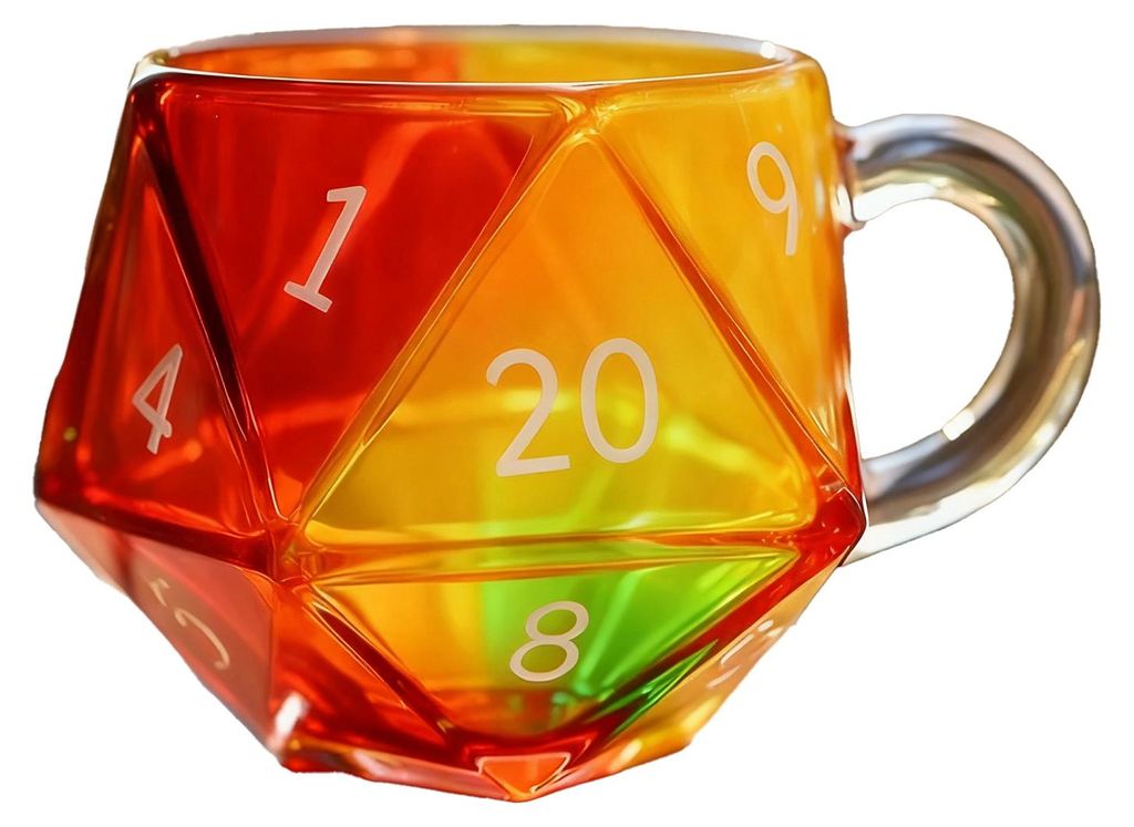 Regenbogenfarbener D20-Würfelbecher mit Henkel, farbenfrohe, polyedrische Glaskaffeetasse für Gamer, einzigartiges Geschenk für Tabletop-Rollens...