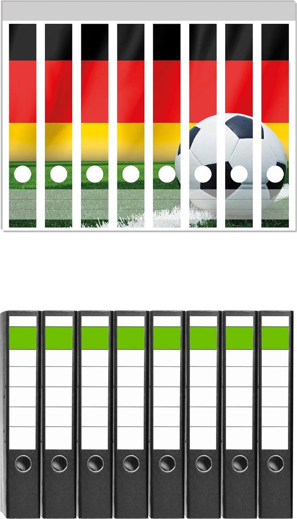 Wallario 8 Stück schmale Ordner inkl. Klebeetiketten mit Motive Fußball vor einer Deutschlandflagge - Set mit Rückenschildern / Ordnerrücken S...