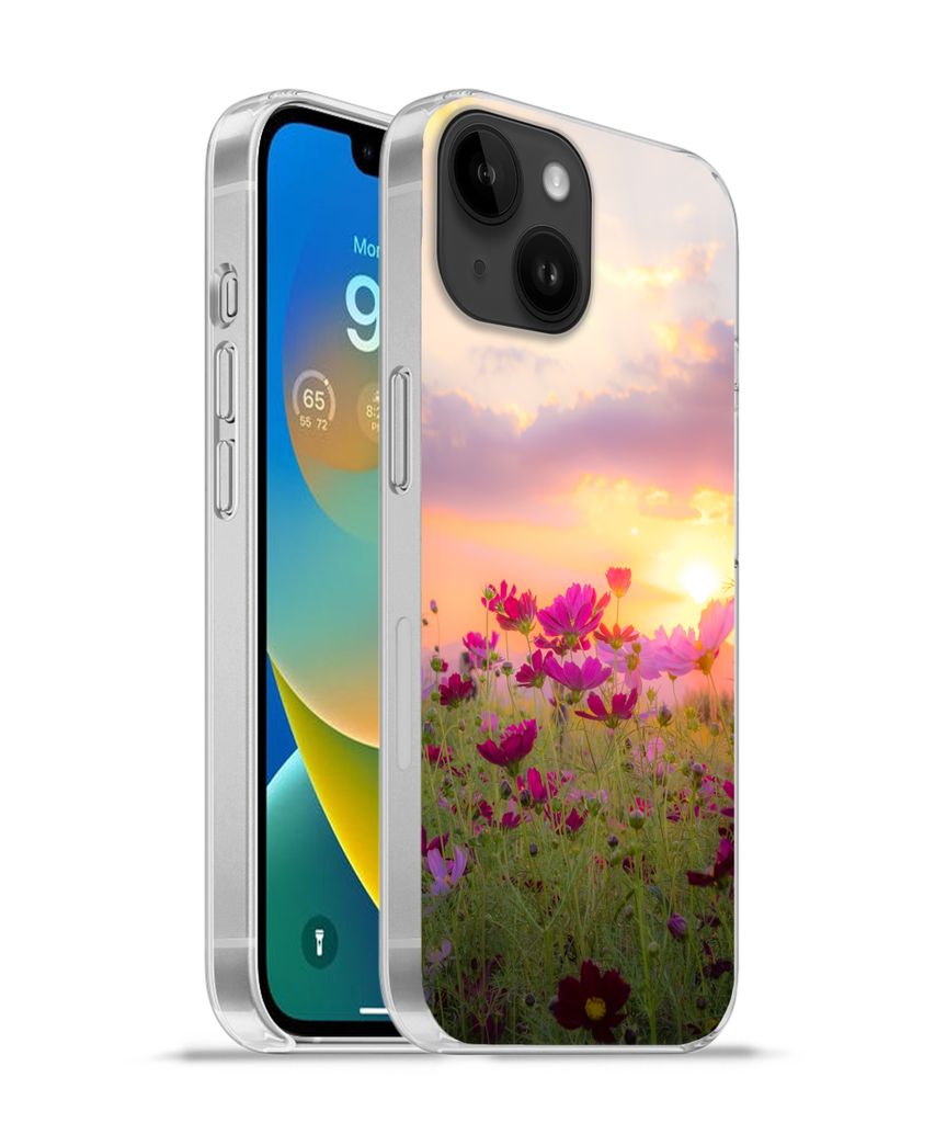 MuchoWow Handyhülle Schutzhülle Hülle für Apple iPhone 14 - Softcase Sonnenuntergang - Blumen - Rosa - Natur - Grün Silikon Softcase Handy H...