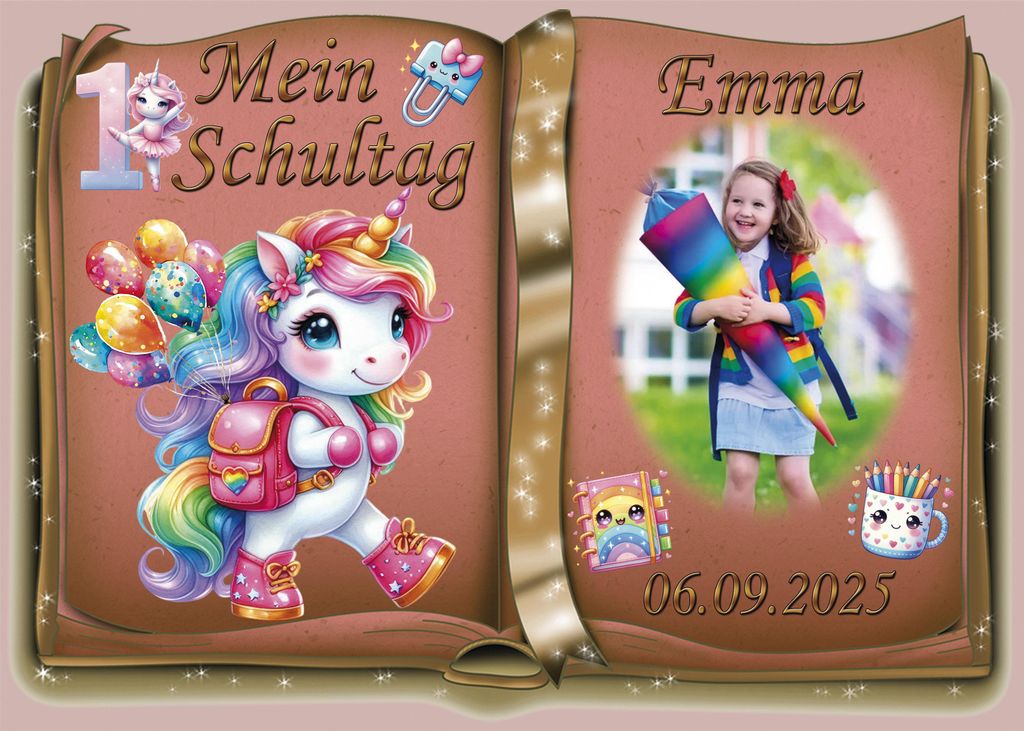Tortenaufleger Tortendeko Fototorte Tortenbild Einhorn Regenbogen Einschulung Schulanfang 1. Schultag Schuleinführung SE07 (Zuckerpapier) DIN A4 m...
