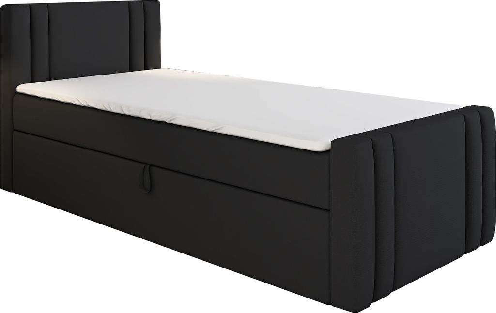 Boxspringbett, Jugendbett KLAUS 90x200 (Rechts) mit Bettkästen, Bonell-Matratze und Topper. Farbe: Schwarz.