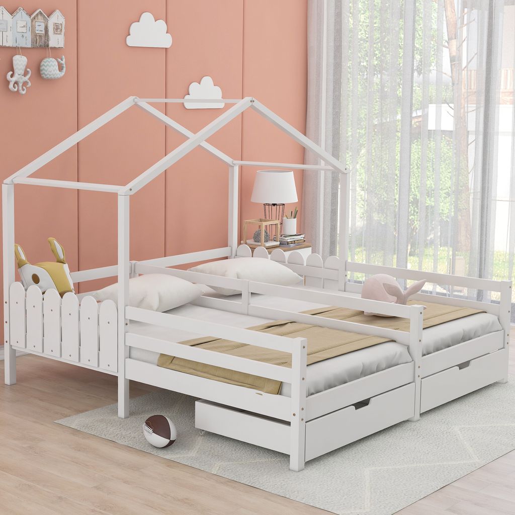 okwish Home Bed 90 x 200 cm – Mehrzweck-Kinderbett aus Massivholz für Jungen und Mädchen mit 2 MDF-Schubladen, Schubladen auf Rollen, Lattenros...