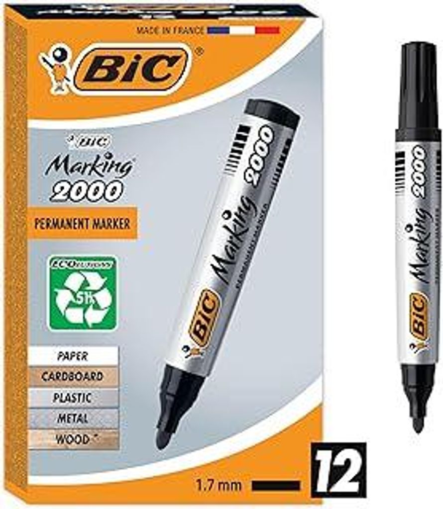 BIC Marking 2000 Permanent Marker, in Schwarz, Wasserfester Stift für Glas, Metall, Holz & Co, Strichstärke 1,7 mm, 12er Pack