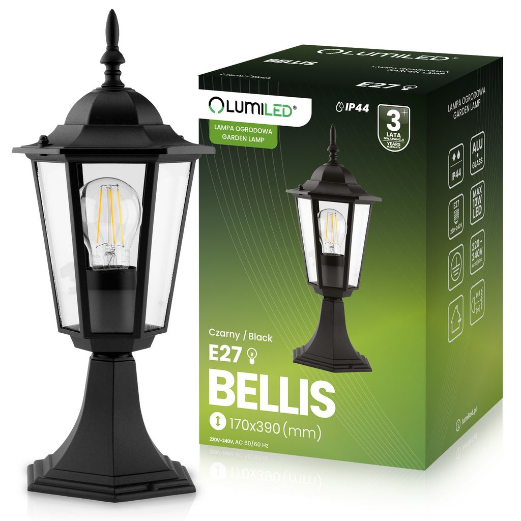 A black garden lamp and its packaging are shown side-by-side.