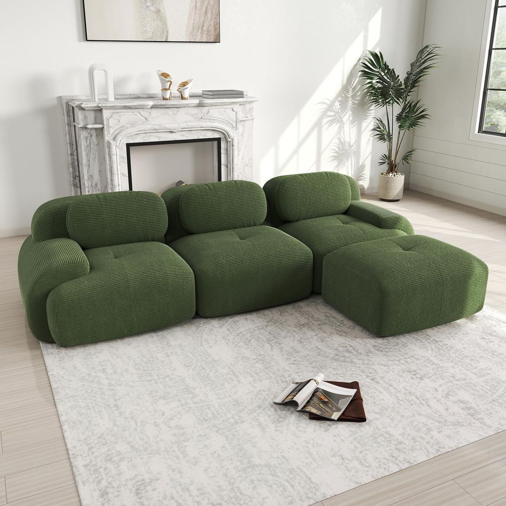 3-Sitzer-Sofa aus Cord, modulares Bodensofa, L-förmige Sitzgruppe, rahmenlose Sofas mit geschwungenen Armlehnen und rutschfester Unterseite, grš¹n