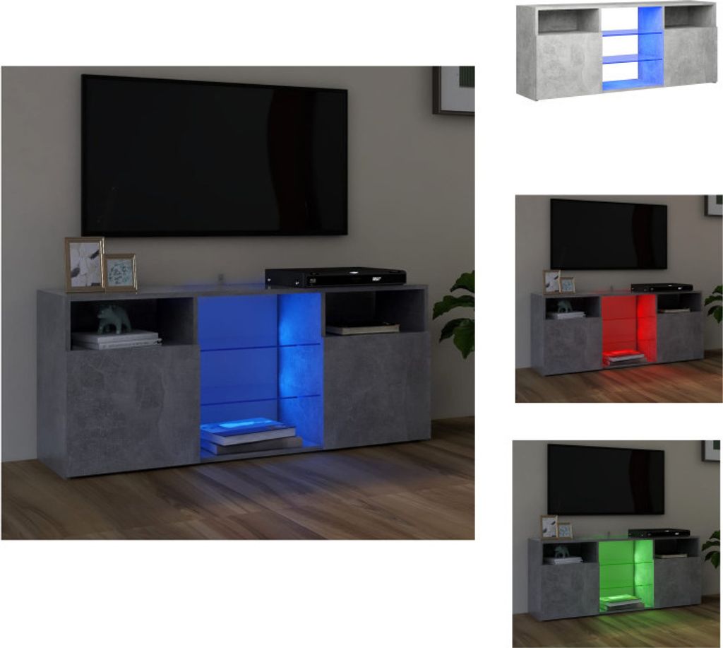 A collage of images showing a TV cabinet with LED lighting in different colors.
