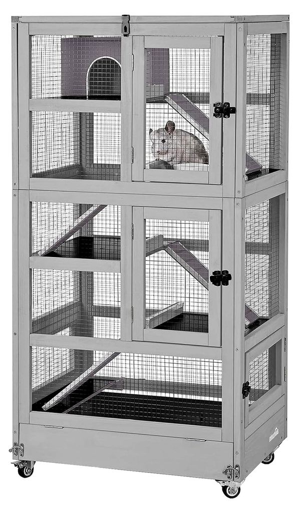 Großer Frettchenkäfig aus Holz, Hamsterkäfig, Nagerkäfig, Mäusekäfig mit Treppen, Kleintierkäfig für Innen- und Außenbereich