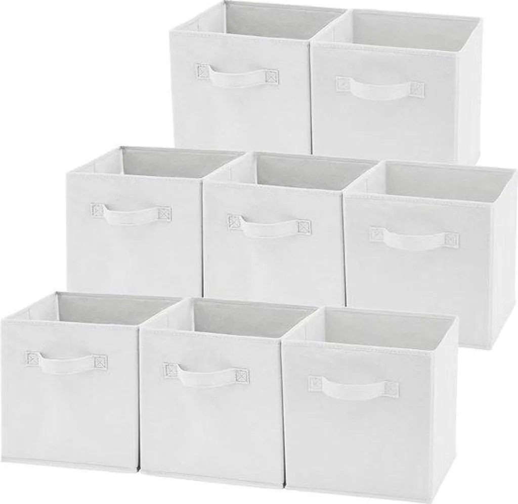 Lot de 8 Cubes de Rangement en Tissu Blanc avec Poignées - 27x27x28 cm