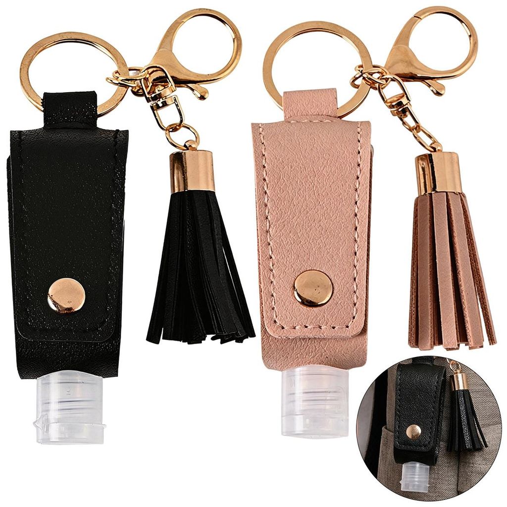 2er-Set tragbare Lederhüllen für Nachfüllflaschen, Reisegröße, Schlüsselanhänger, für Lotion, Handdesinfektionsmittel, Shampoo (Schwarz, Rosa)