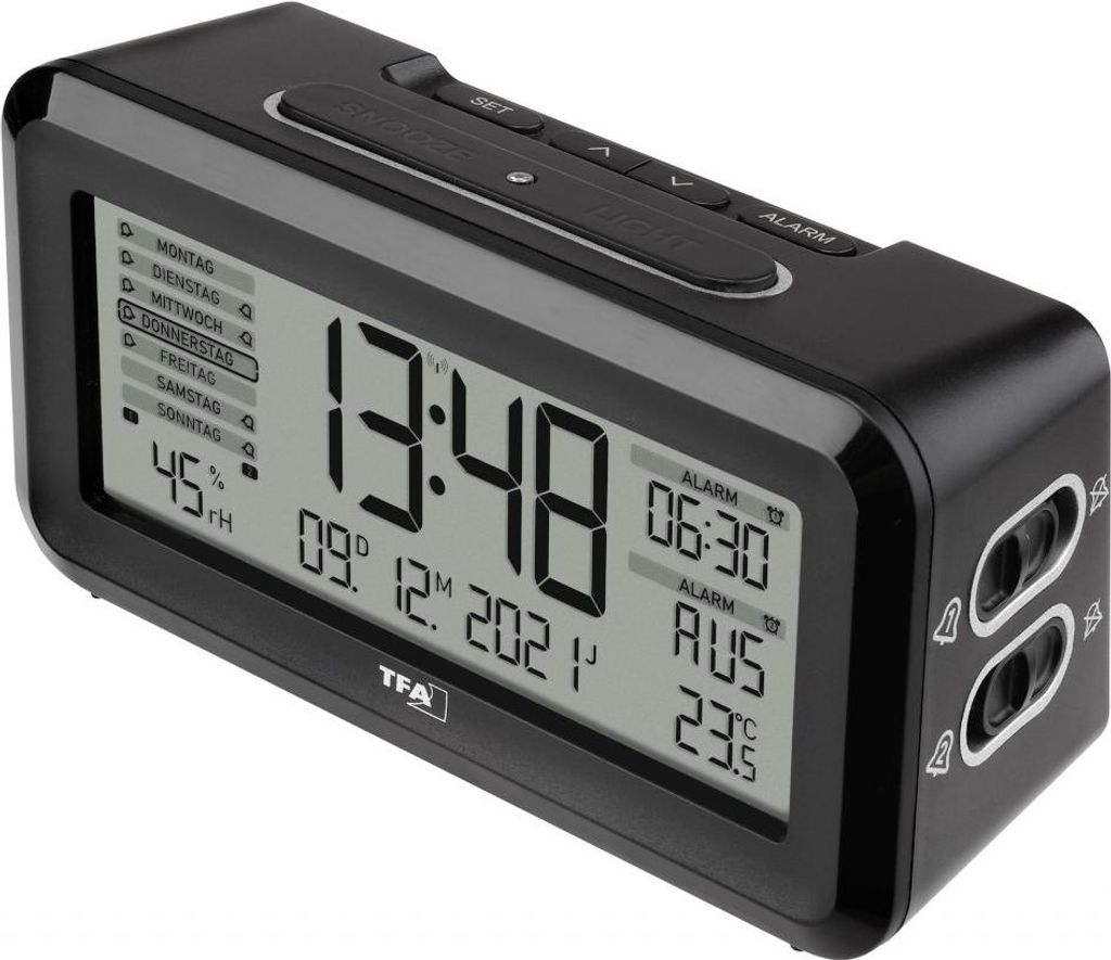 A black digital alarm clock with a large display showing time, date, temperature, and alarm settings.