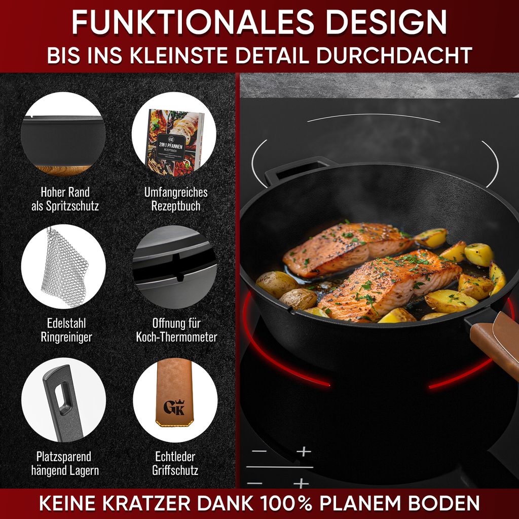 GUSSKÖNIG Dutch Oven Set [9L] - Eingebrannter Feuertopf Mit Innovativem