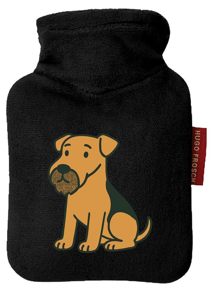 Huuraa Mini-Wärmflasche Airedale Terrier Comic Dale 0,2 Liter Black Mini Veloursbezug Taschenwärmer Geschenkidee