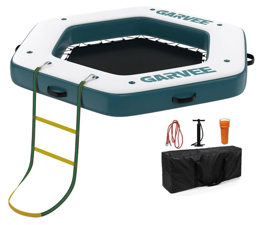 Aufblasbare Schwimmplattform - 259x259 cm Wasserplattform - Schwimmbereich mit Netz - Rutschfestes EVA-Deck - Abnehmbare Seilleiter - 8+ Jahre