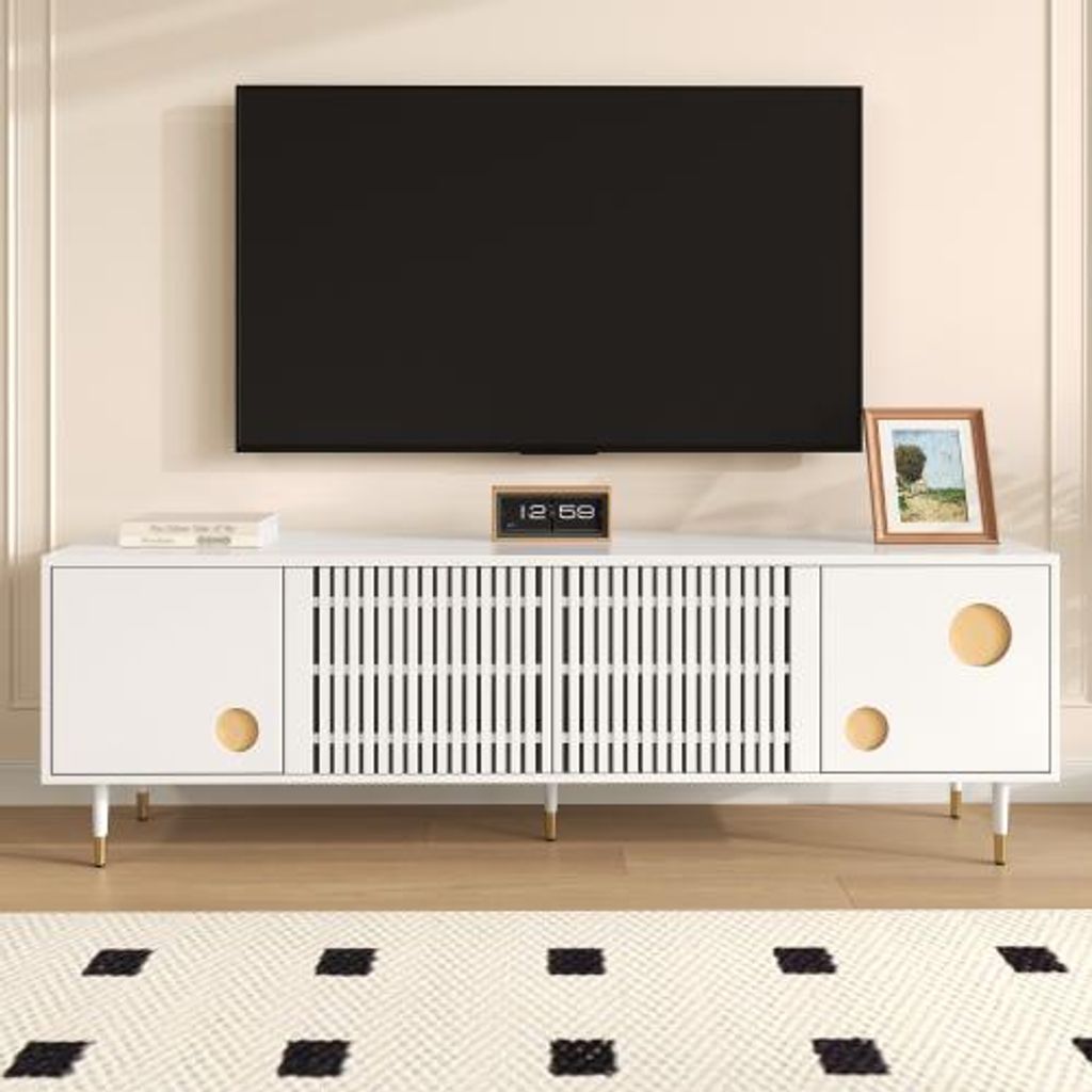 Minimalistisch Weiss TV-Schrank 170x36x54cm Gitterstruktur Versteckte Griffe Golddekor 2 Tueren Massivholz Wohnzimmer Aufbewahrung Schrank