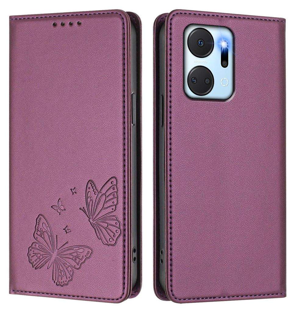 Lederhülle für Honor X7A, Schmetterling Prägung Leder Brieftasche Schutzhülle mit Ständer Lila