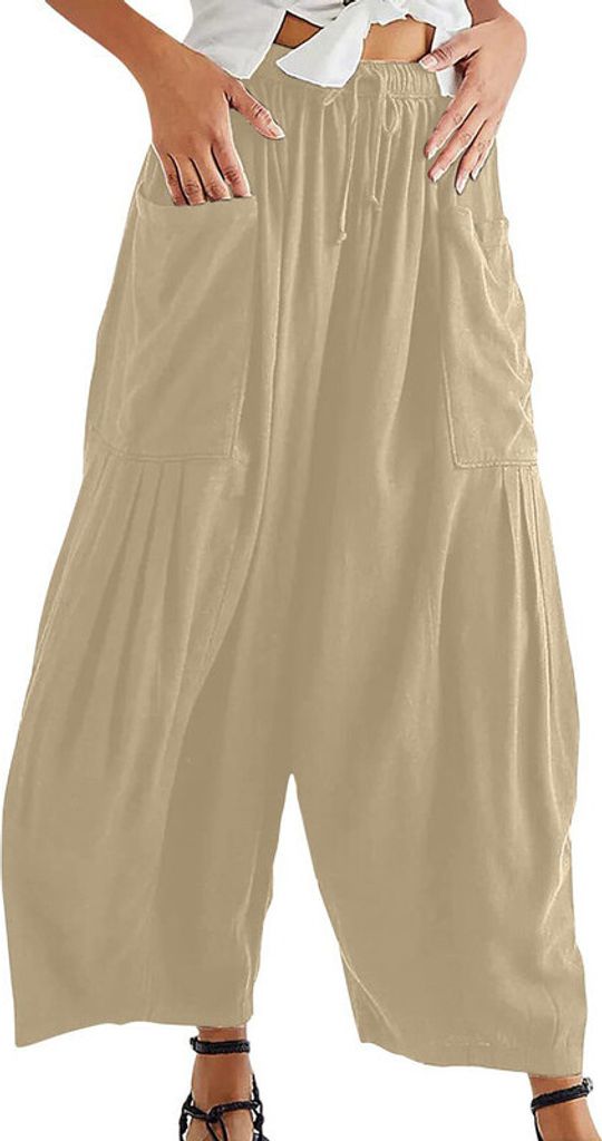 ASKSA Damen Weitem Hose Bein High Waist Falten Lang Sommerhose Schnüren Lose Casual Bequem mit Taschen, Aprikose, 3XL