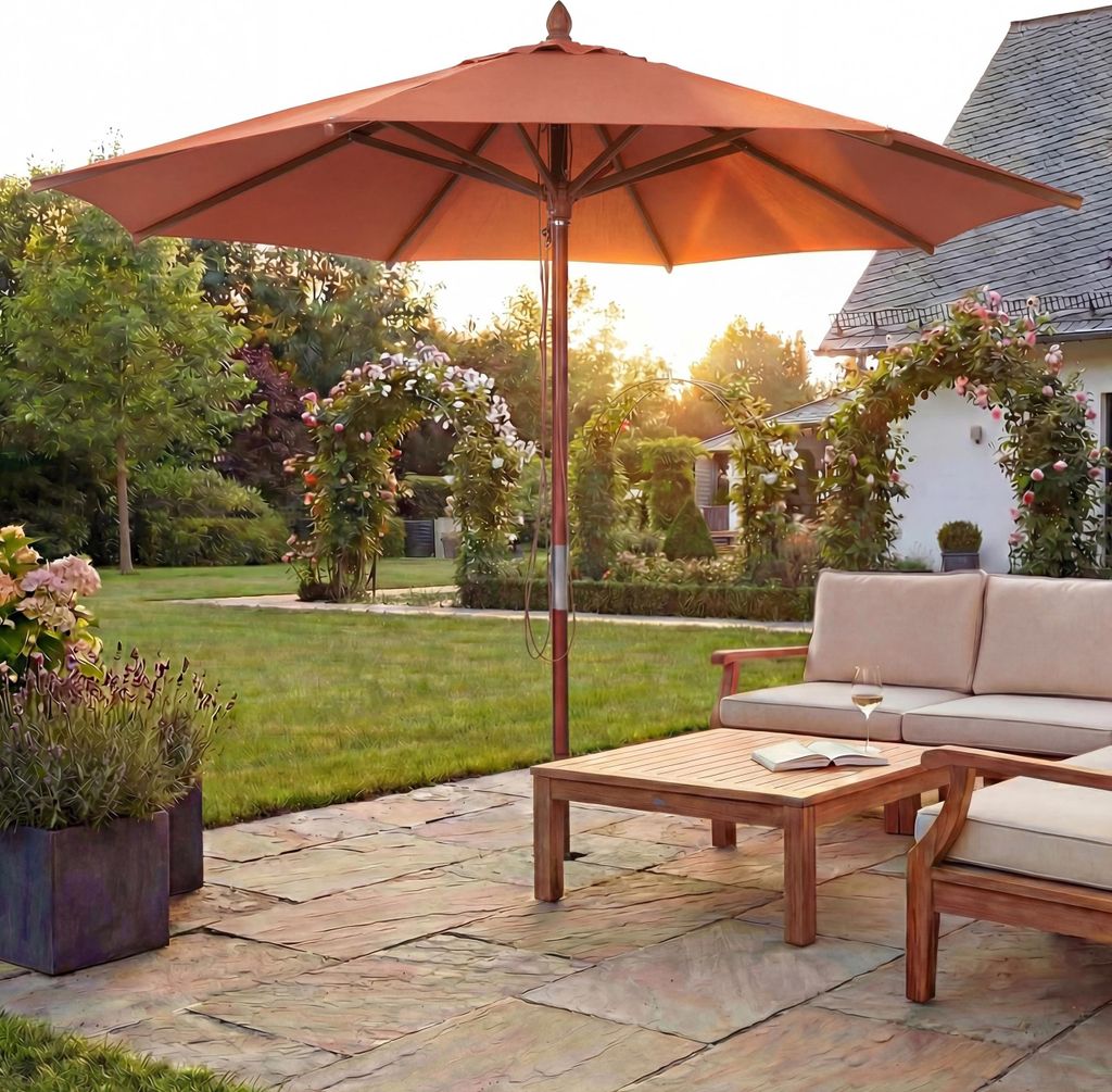 Gastronomie Holz-Sonnenschirm MCW-C57b, Gartenschirm, Polyester/Holz 14kg, rund Ø3m Seilzug stoßsicher terrakotta
