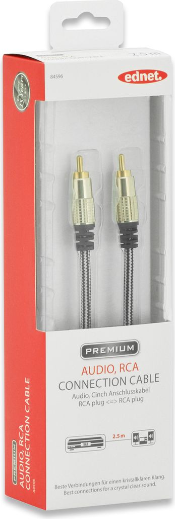 ednet 84596 Audioverbindungskabel, 1x RCA St/St, 2,5m, mono, geschirmt, UL, si/bl, Baumwolle, gold