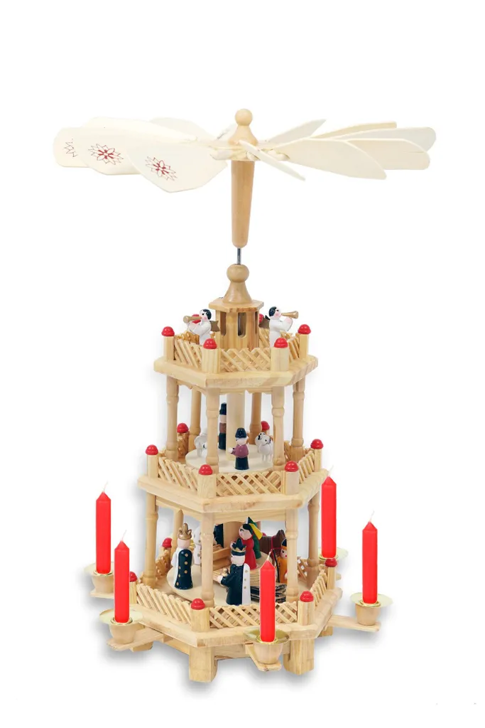 Décoration de Noël traditionnelle : Pyramide en bois 35 cm à 2 étages mobiles