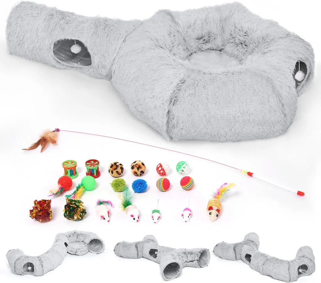 Tunnel-grotte d'intérieur pour chat avec panier amovible et pack de jeux