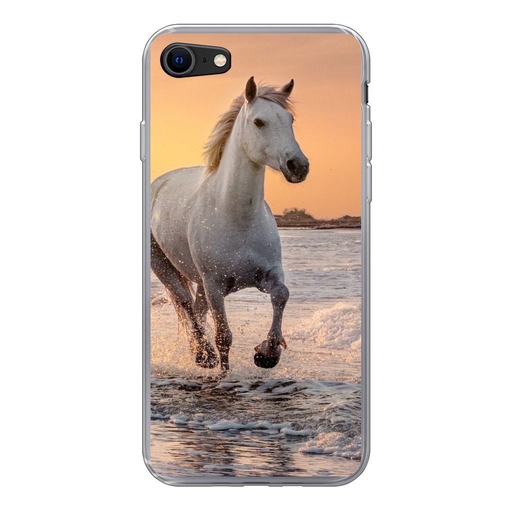 MuchoWow Handyhülle Schutzhülle Hülle für iPhone SE 2020 Pferde - Sonne - Meer - Strand - Tiere Silikon Softcase Handy Hülle - Kartenbesitzer