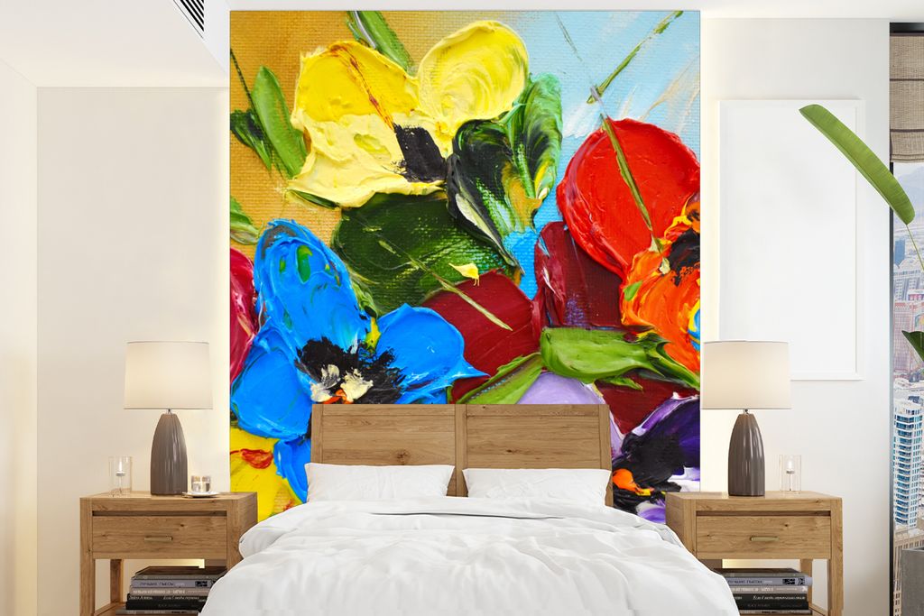 MuchoWow Fototapete für Wohnzimmer oder Schlafzimmer Wandtapete Vinyl Motivtapete Ölfarbe - Malerei - Blumen - 195x260 cm - Wandbild