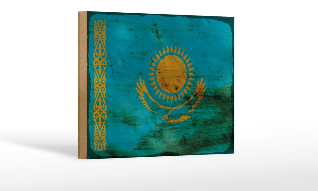 Holzschild Flagge Kasachstan 18x12 cm Kazakhstan Rost Dekoration