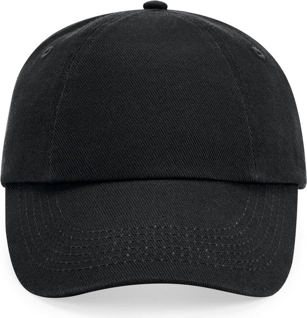 A plain black baseball cap shown from the front.