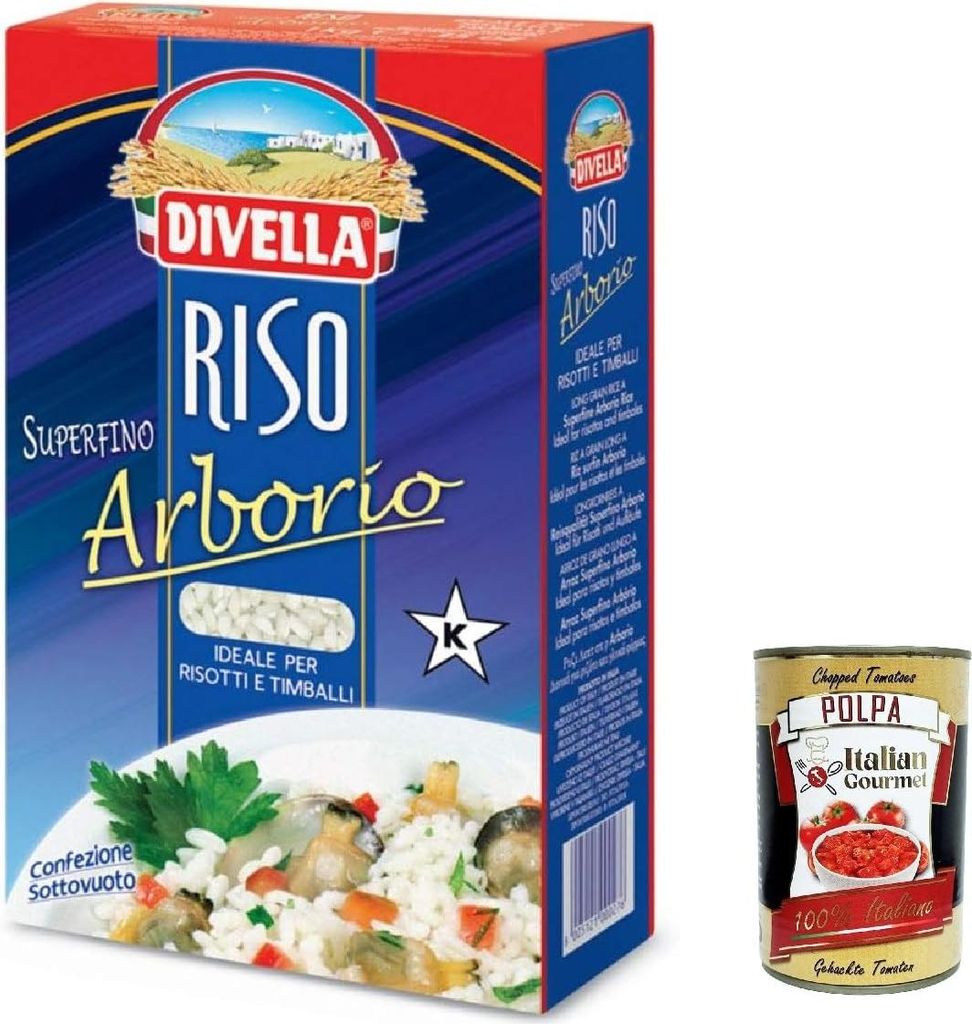 3x Divella Riso Arborio, Runde Reiskörner, italienischer Reis, ideal für Risottos und Timbales., 1kg Vakuumverpackung + Italian Gourmet polpa 400g
