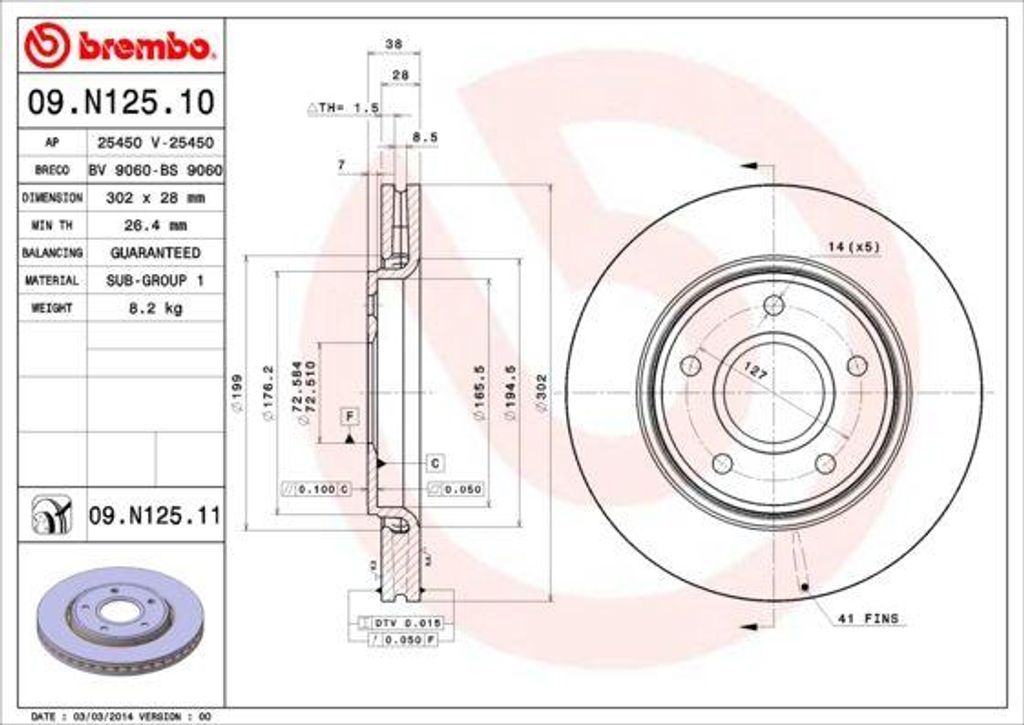 BREMBO 09.N125.11 Bremsscheibe OE 68032944AA kompatibel mit Routan, Freemont, Voyager