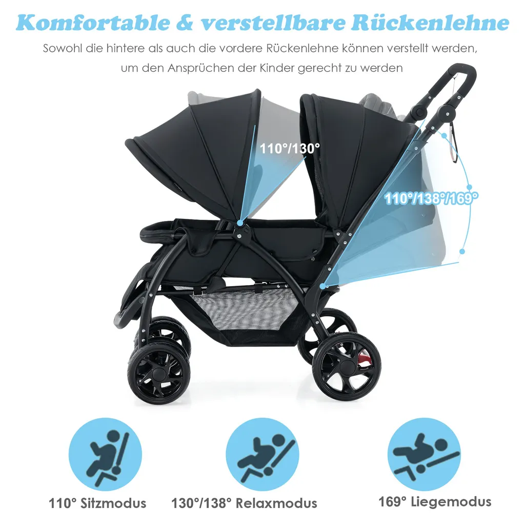 Poussette jumelle pour sorties urbaines pliable et compacte coloris noir