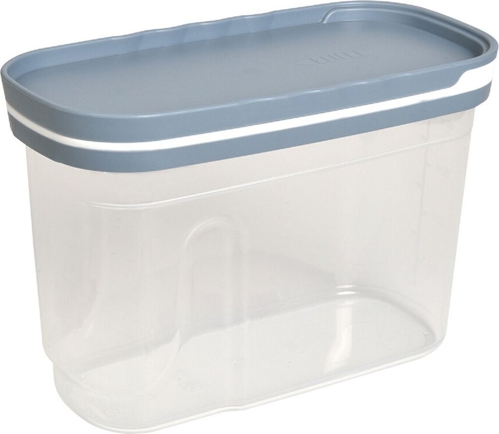 A clear, studio shot of a clear plastic food storage container with a blue lid.